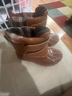Kids Brown Duck Boots with Plaid Lining